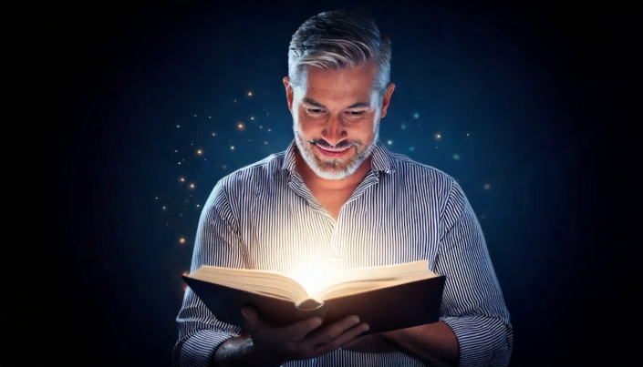 Firefly Un hombre leyendo un libro abierto. Del libro sale un resplandor, como si la historia ilumin